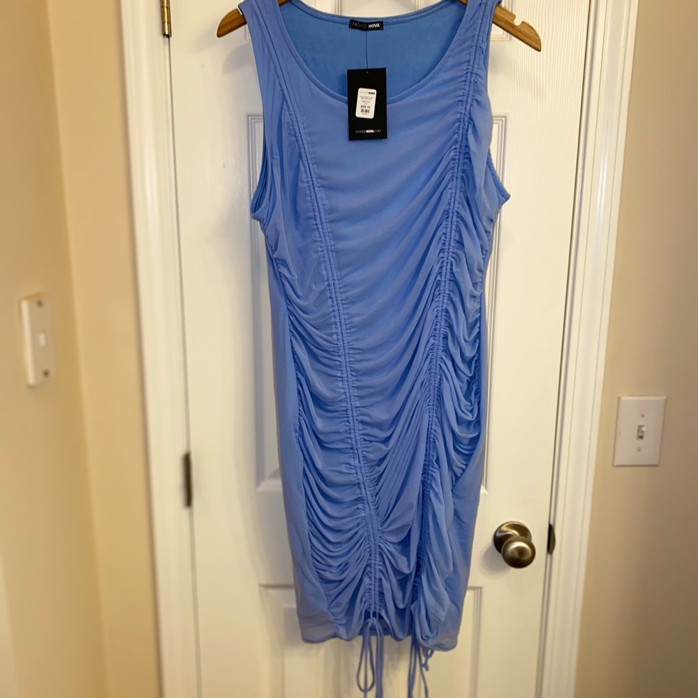 Blue ruched mini dress